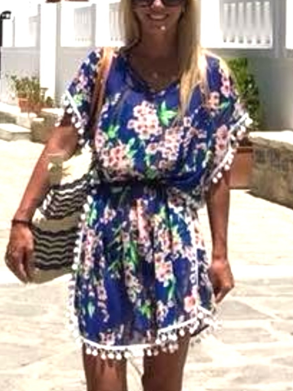 Floral Pom-Pom Trim Blue Beach Coverup